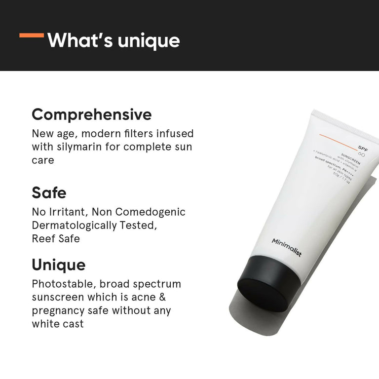 Minimalist Sunscreen SPF 60 PA ++++ For Sensitive Skin Broad Spectrum Sunscreen With Potent Antioxidants & Advanced Filters - 50 gm