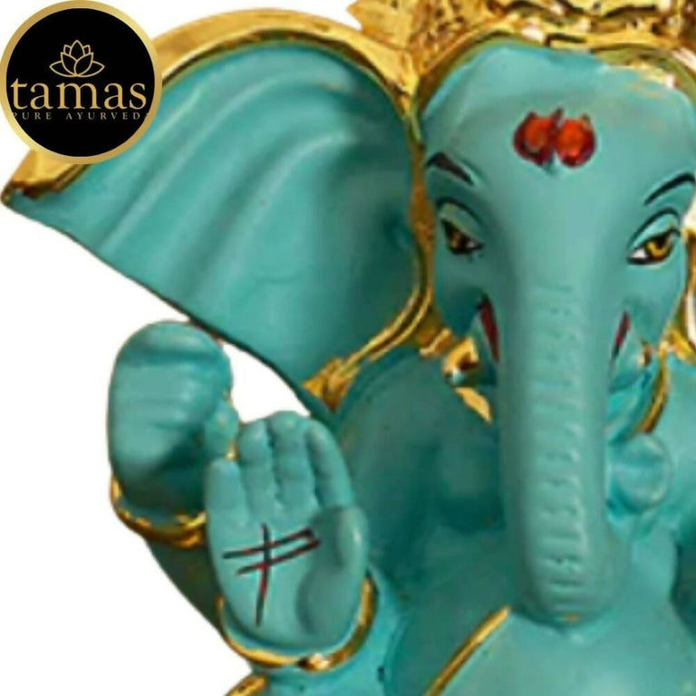 Tamas Gold-Polished Gaj Karna Ganesh Idol Flora Blue & Gold Color - 158 gm