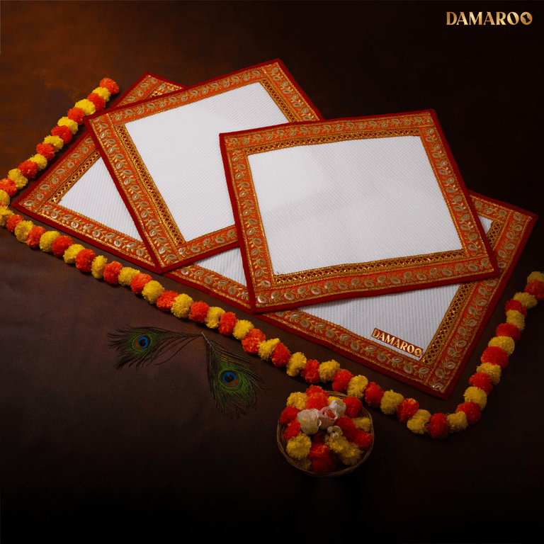 Damaroo Combo Pack of 3 | Opulent Nylon Puja Aasan & Mat | Orange Sequins Border - White - 2x2 ft & 2x4 ft