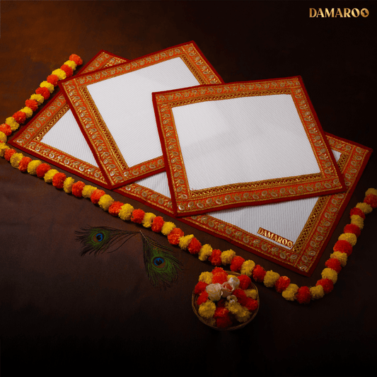 Damaroo Combo Pack of 3 | Opulent Nylon Puja Aasan & Mat | Orange Sequins Border - White - 2x2 ft & 2x4 ft