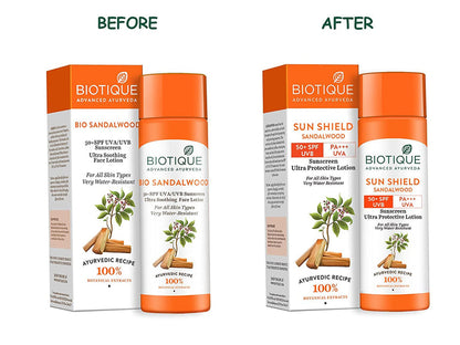 Biotique Advanced Ayurveda Sun Shield sandalwood 50+SPF UVB Sunscreen - 50 ml