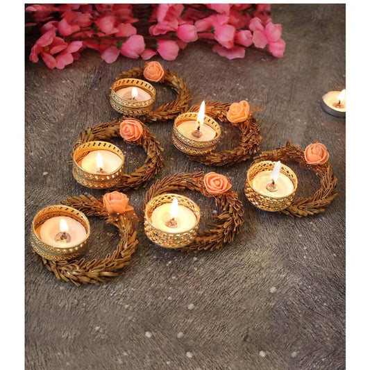 Tied Ribbons Set Of 6 Multicoloured Decoartive Artificial Flower Tealight Candle Holder