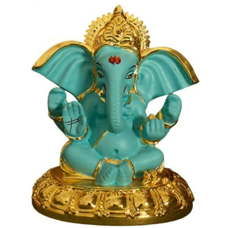 Tamas Gold-Polished Gaj Karna Ganesh Idol Flora Blue & Gold Color - 158 gm