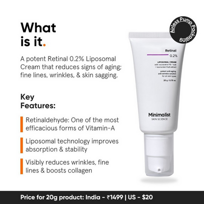 Minimalist Retinal 0.2% Liposomal Cream With Potent Antioxidant EUK, Resveratrol & Tasmanian Extract - 20 gm