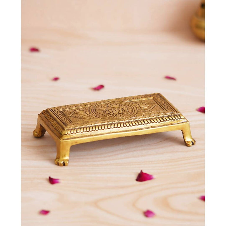 eCraftIndia Beige Lotus Flowers Engraved Pooja Chowki