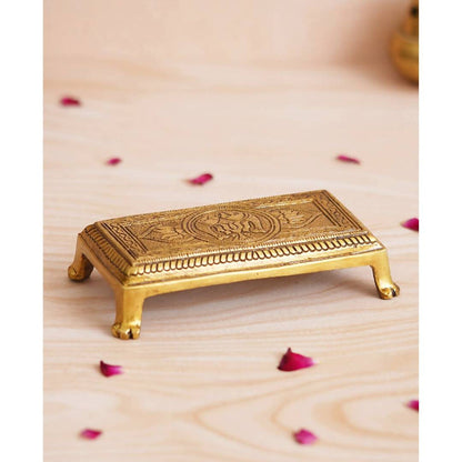 eCraftIndia Beige Lotus Flowers Engraved Pooja Chowki
