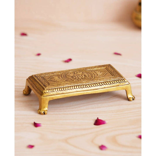 eCraftIndia Beige Lotus Flowers Engraved Pooja Chowki