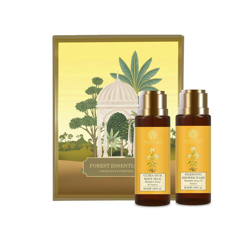 Forest Essentials Luxury Bath & Body Gift Set, Honey Vanilla Scented, Body Wash and Body Lotion - kit