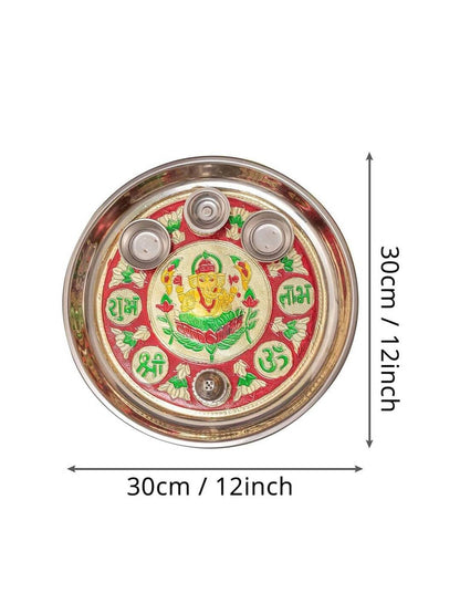 Tied Ribbons Red & Green Printed Pooja Thali With Attached Incense Diya Tilak Holder