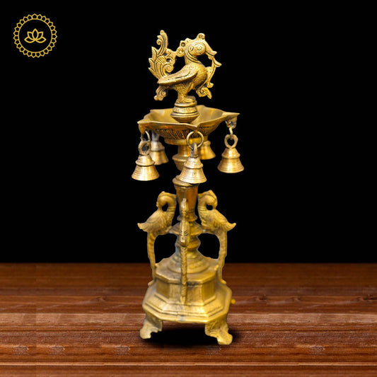 Brass Peacock Diya with Five Oil Wicks and Bells