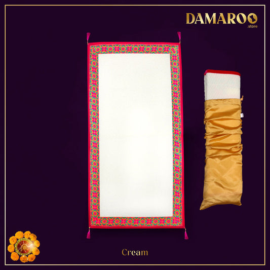 Damaroo 2x4 ft | Ornate Nylon Pooja Couple Mat | Jacquard Pink Trim & Tassels - Cream - 2x4 ft - 24 x 48 inch