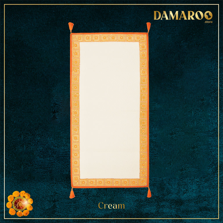 Damaroo 2x4 ft | Artisanal Nylon Pooja Couple Mat | Kesariya Trim & Tassels - Cream - 2x4 ft - 24x48 inch