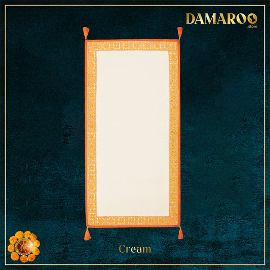 Damaroo 2x4 ft | Artisanal Nylon Pooja Couple Mat | Kesariya Trim & Tassels - Cream - 2x4 ft - 24x48 inch