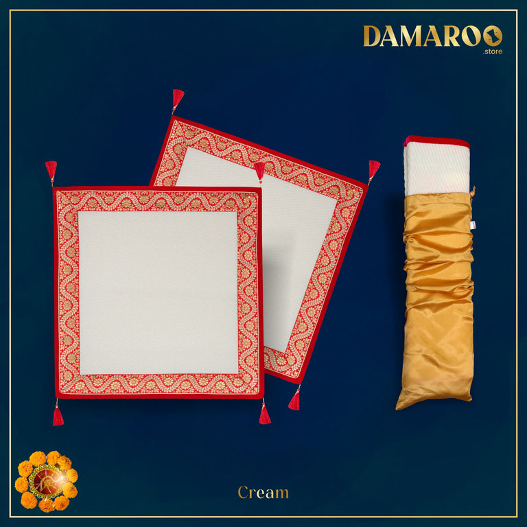 Damaroo Set of 2 | 2x2 ft | Graceful Nylon Pooja Aasan | Red & Subtle Golden Trim & Tassels - Cream - 2x2 ft - 24x24 inch