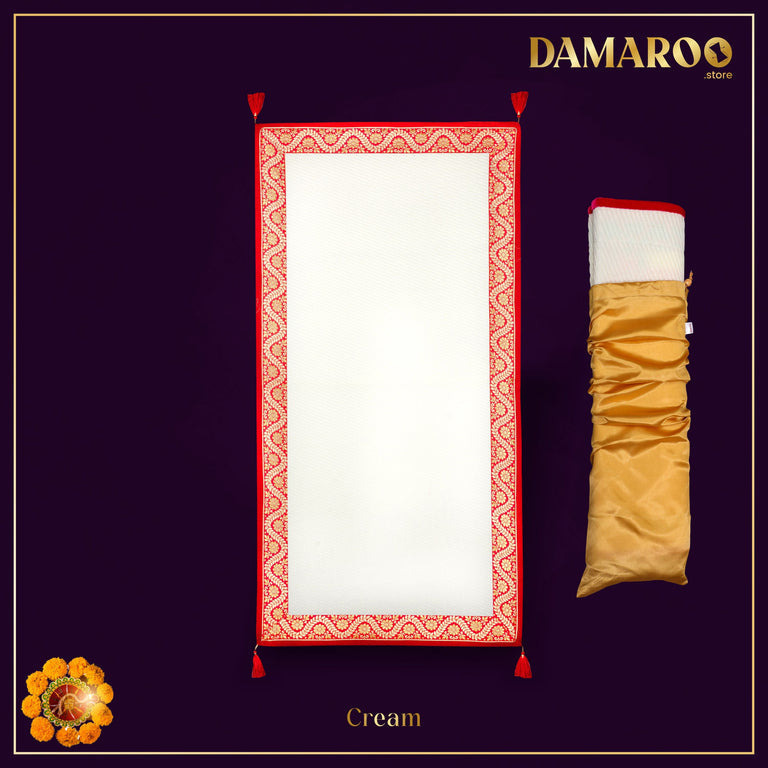Damaroo 2x4 ft | Graceful Nylon Pooja Couple Mat | Red & Subtle Golden Trim & Tassels - Cream - 2x4 ft - 24 x 48 inch