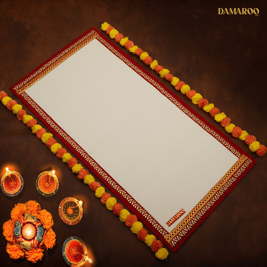 Damaroo 2x4 ft | Exquisite Nylon Pooja Mat | Red Sequins Border - Cream - 2x4 ft - 24 x 48 inch