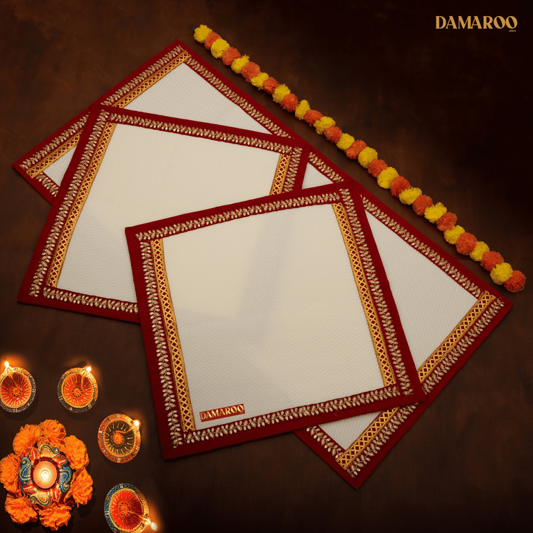 Damaroo Combo Pack of 3 | Exquisite Nylon Aasans & Mat | Red Sequins Border - Cream - 2x2 ft & 2x4 ft