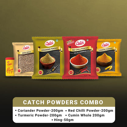 Catch Masala & Spices Combo Five Pack - Coriander Powder 200 gms + Turmeric Powder 200 gms + Red Chilli Powder 200 gms + Cumin Whole 200 gms + Hing 50 gms - combo