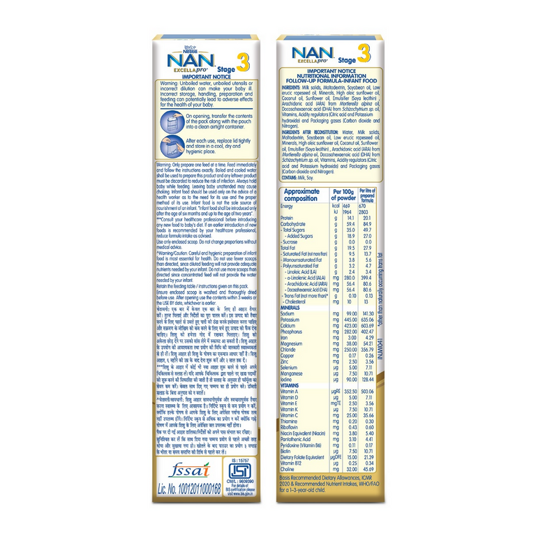 Nestle Nan Excellapro Follow-Up Formula Powder - Stage 3 (After 12 Months) - 400 gm Refill Pack