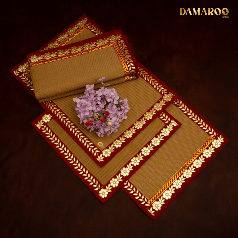 Damaroo Combo Pack of 4 | Classic Nylon Pooja Aasan & Mat | Red Gotapatti Border - Golden - 2x2 ft, 2x4 ft & 4x6 ft