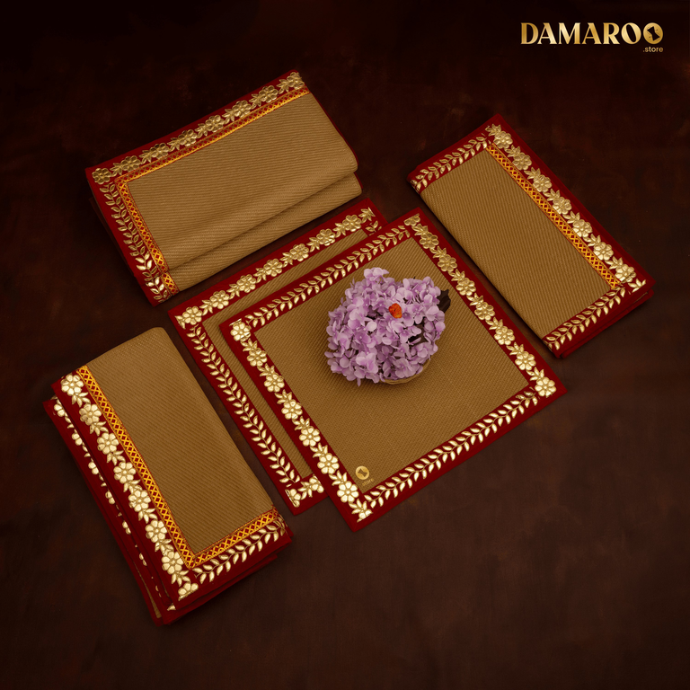 Damaroo Combo Pack of 5 | Classic Nylon Pooja Aasan & Mat | Red Gotapatti Border - Golden - 2x2 ft, 2x4 ft, 4x6 ft & 6x8 ft