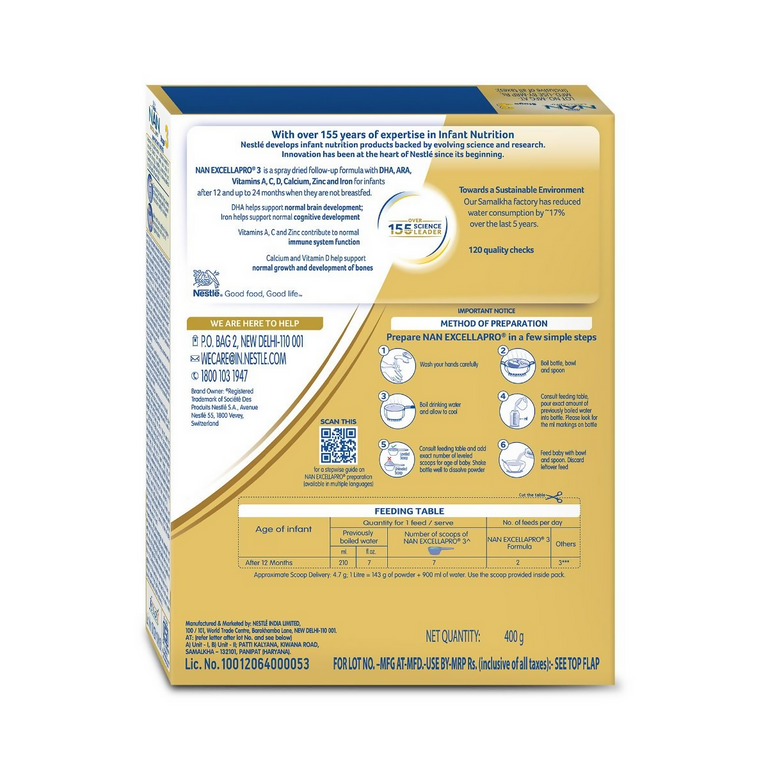 Nestle Nan Excellapro Follow-Up Formula Powder - Stage 3 (After 12 Months) - 400 gm Refill Pack