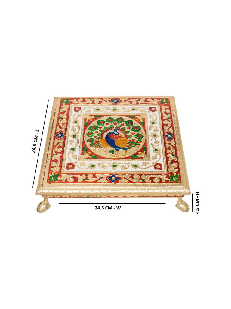 Golden Peacock Gold-Toned & Red Handcrafted Minakari Peacock Design Wooden Chowki