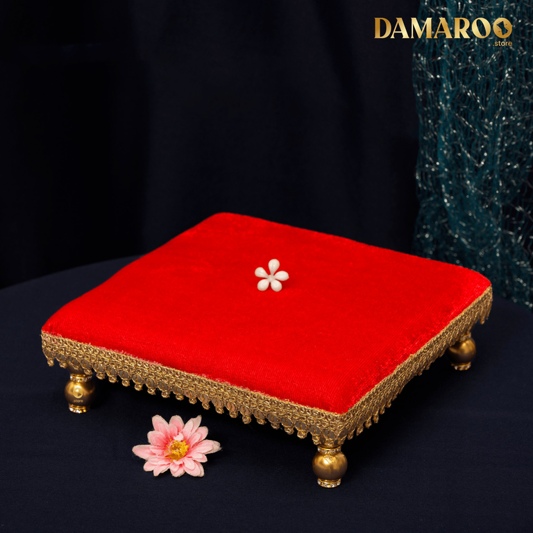 Damaroo 6x6 inch | Chowki / Bajit for Kalash | Velvety Golden Frill - Kumkum Red - 6x6x2 inch