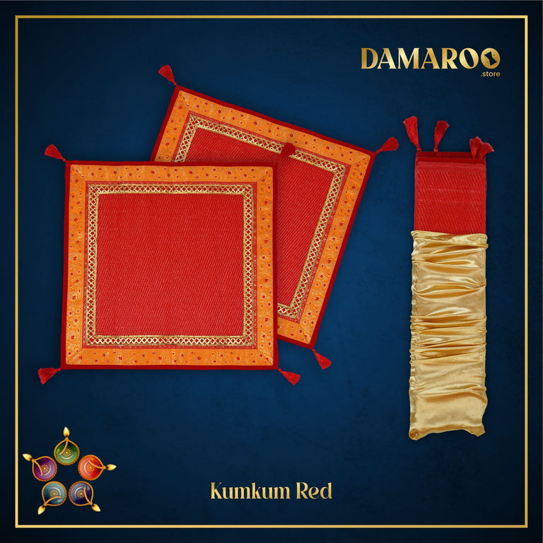 Damaroo Set of 2 | 2x2 ft | Pristine Nylon Pooja Aasan Set | Kesariya Banarasi Trim & Tassels - Kumkum Red - 2x2 ft - 24x24 inch
