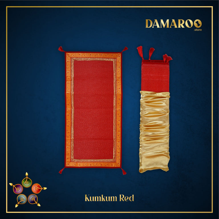 Damaroo 2x4 ft | Pristine Nylon Pooja Mat | Kesariya Banarasi Trim & Tassels - Kumkum Red - 2x4 ft - 24x48 inch