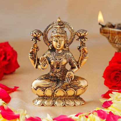 Estele Gold-Polished goddess of wealth Laxmi Devi on lotus Idol for Pooja/Car decor