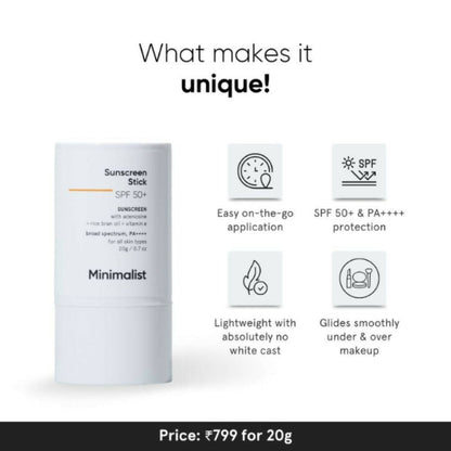 Minimalist SPF 50 Sunscreen Stick PA++++ With Adenosine, Rice Bran Oil & Vitamin E - 20 gm