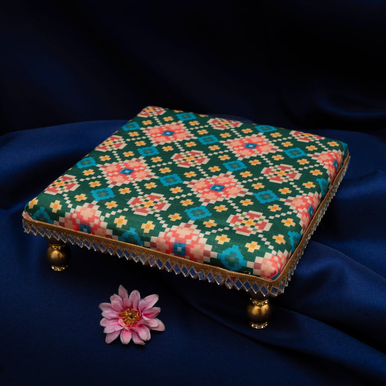 Damaroo 4X4 inch | Mirror Mystic Cushioned Chowki / Bajot | Patola Print - Green - 4x4x2 inch