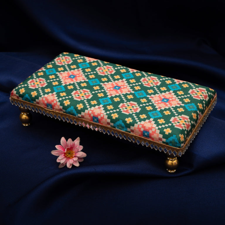 Damaroo 10X4 inch | Mirror Mystic Cushioned Chowki / Bajot | Patola Print - Green - 10x4x2 inch