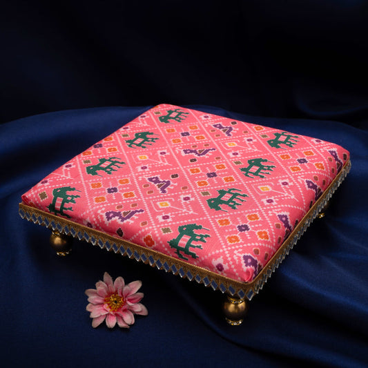 Damaroo 6X6 inch | Mirror Mystic Cushioned Chowki / Bajot | Patola Print - Pink - 6x6x2 inch