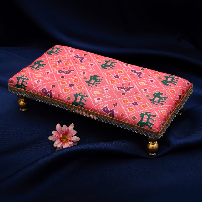 Damaroo 8X4 inch | Mirror Mystic Cushioned Chowki / Bajot | Patola Print - Pink - 8x4x2 inch