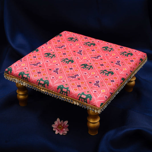 Damaroo 8X8 inch | Mirror Mystic Cushioned Chowki / Bajot | Patola Print - Pink - 8x8x3.5 inch