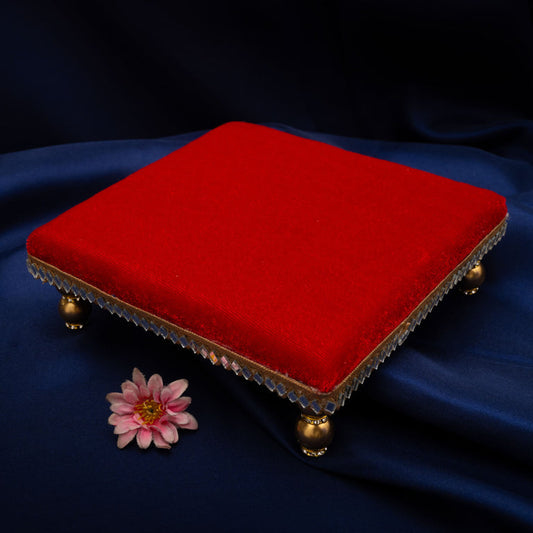 Damaroo 4X4 inch | Mirror Mystic Cushioned Chowki / Bajot | Velvety Golden Accent - Kumkum Red - 4x4x2 inch