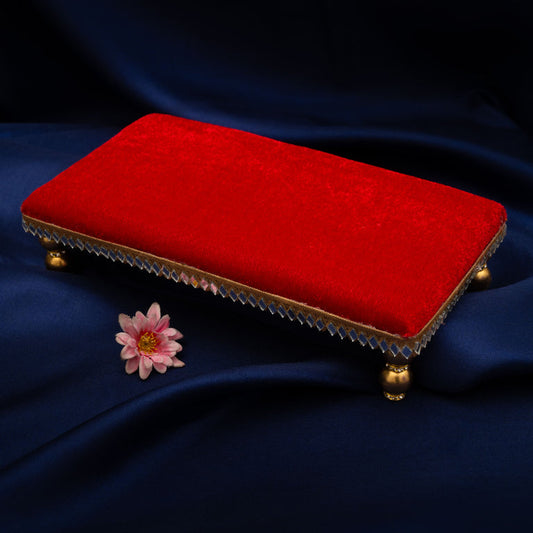 Damaroo 8X4 inch | Mirror Mystic Cushioned Chowki / Bajot | Velvety Golden Accent - Kumkum Red - 8x4x2 inch