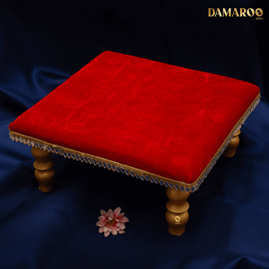 Damaroo 8X8 inch | Mirror Mystic Cushioned Chowki / Bajot | Velvety Golden Accent - Kumkum Red - 8x8x3.5 inch