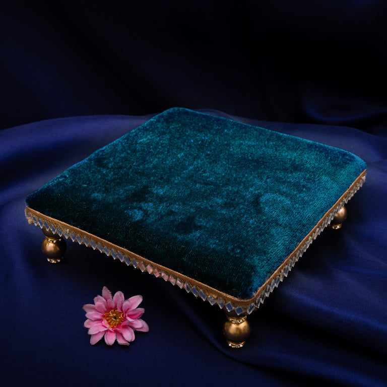 Damaroo 4X4 inch | Mirror Mystic Cushioned Chowki / Bajot | Velvety Golden Accent - Peacock Blue - 4x4x2 inch