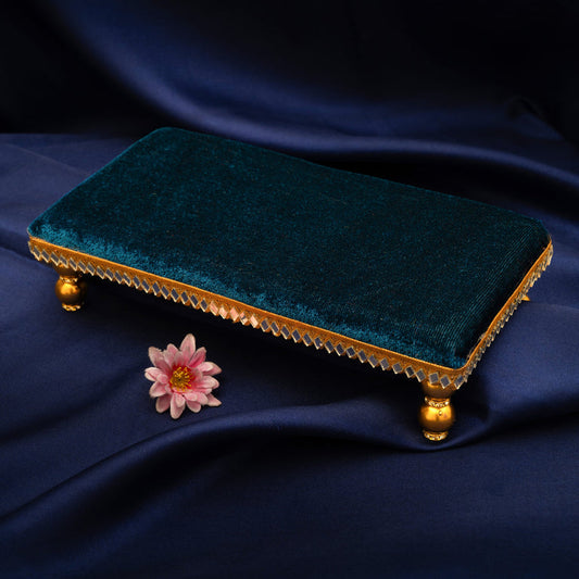 Damaroo 10X4 inch | Mirror Mystic Cushioned Chowki / Bajot | Velvety Golden Accent - Peacock Blue - 10x4x2 inch