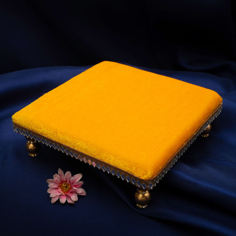 Damaroo 4X4 inch | Mirror Mystic Cushioned Chowki / Bajot | Velvety Golden Accent - Turmeric Yellow - 4x4x2 inch