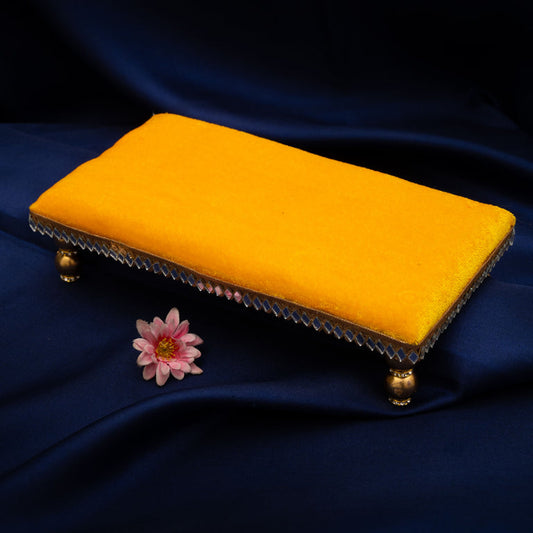 Damaroo 10X4 inch | Mirror Mystic Cushioned Chowki / Bajot | Velvety Golden Accent - Turmeric Yellow - 10x4x2 inch
