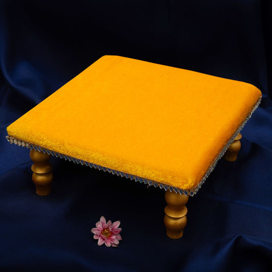 Damaroo 8X8 inch | Mirror Mystic Cushioned Chowki / Bajot | Velvety Golden Accent - Turmeric Yellow - 8x8x3.5 inch