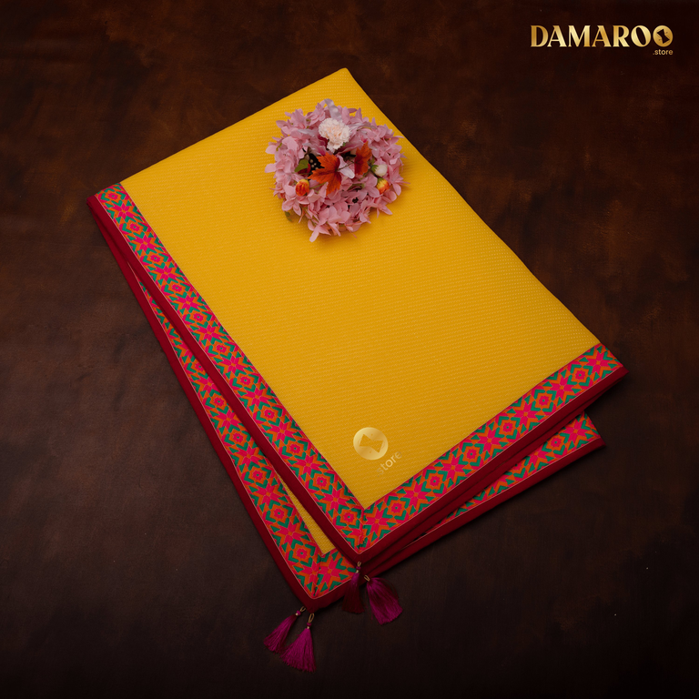 Damaroo 4x6 ft | Ornate Nylon Pooja Mat | Jacquard Pink Trim & Tassels - Mango yellow - 4x6 ft - 48x72 inch