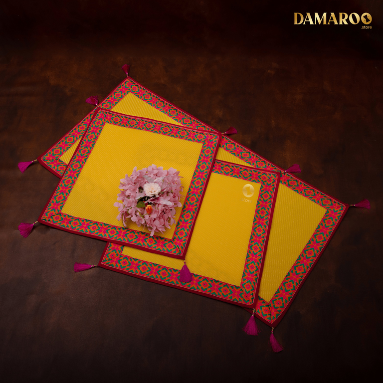 Damaroo Combo Pack of 3 | Ornate Nylon Aasans & Mat | Jacquard Pink Trim & Tassels - Mango yellow - 2x2 ft & 2x4 ft