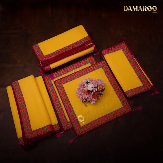 Damaroo Combo Pack of 5 | Ornate Nylon Aasan & Mat | Jacquard Pink Trim & Tassels - Mango Yellow - 2x2 ft, 2x4 ft, 4x6 ft & 6x8 ft
