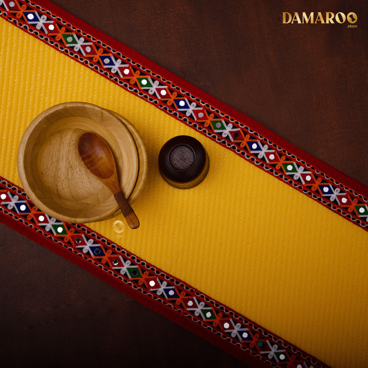 Damaroo 72x12 inch | Beautiful Nylon Table Runner | Embroidery & Mirror Kutchi Border - Mango Yellow - 72x12 inch