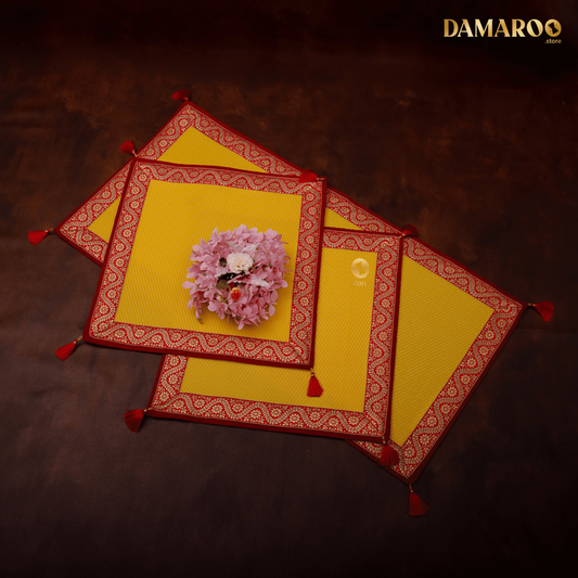 Damaroo Combo Pack of 3 | Graceful Nylon Aasan & Mat | Red & Subtle Golden Trim & Tassels - Mango Yellow - 2x2 ft & 2x4 ft